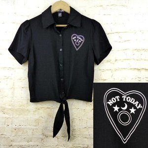 Hot Topic Not Today Planchette Tie Front Button Up Top Womens S Black Goth Rock